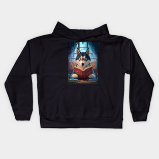 Cute Siberian husky reading book Kids Hoodie